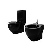 LoogCape Standing Toilet and Bidet Set Black Ceramic with Soft Close Lid Double Flush System Wall Mounted 65 x 40 x 85 cm for Modern Bathroom Durable Easy Cleaning Includes Cistern