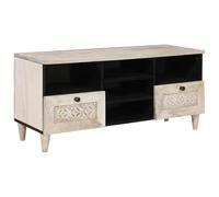 LoogCape TV Cabinet Bleached White 100 x 33 x 46 cm Solid Wood Mango Modern Design Storage Space Cable Management Living Room