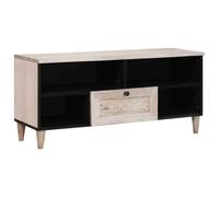LoogCape TV Cabinet Bleached White 100 x 33 x 46 cm Solid Wood Mango Sideboard with Carvings, Cable Management and Storage Space for Living Room, Home Theater, Gaming, Office