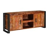 LoogCape TV Cabinet with Doors, Multicoloured, 120 x 33 x 50 cm, Solid Reclaimed Wood, Living Room, Media Cabinet with Storage Space, Cable Management and Black Iron Base for Home Cinema and Gaming