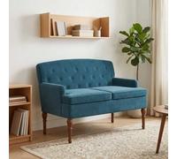 LoogCape Two Seater with Button Stitching Blue 111 x 65 x 79 cm Velvet Upholstered Bench for Living Room Dining Room Bedroom with Backrest, Wooden Frame, Removable Cushions, Sturdy Rubber Tree Legs