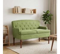 LoogCape Two Seater with Button Stitching Light Green Velvet 111 x 65 x 79 cm Upholstered Bench with Backrest Wooden Frame Living Room Dining Room Vintage Design