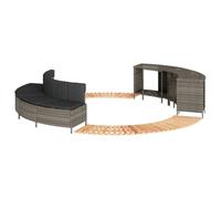 LoogCape Whirlpool Border Grey Poly Rattan Acacia Wood Garden Furniture Set with Storage Space, Seat Cushion, Steps and Protective Tarpaulin for Pool Spa Care and Cleaning Outdoor