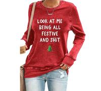 Look At Me Being All Festive Shirt Women Christmas Tree Graphic Sweatshirt Long Sleeve Crewneck Christmas Pullover(A), Wine Red, XL