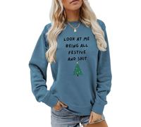 Look At Me Being All Festive Shirt Women Christmas Tree Graphic Sweatshirt Long Sleeve Crewneck Christmas Pullover(A), Blue, L