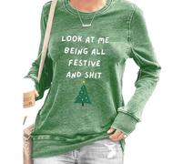 Look At Me Being All Festive Shirt Women Christmas Tree Graphic Sweatshirt Long Sleeve Crewneck Christmas Pullover(A), Green, Medium