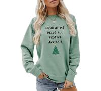Look At Me Being All Festive Shirt Women Christmas Tree Graphic Sweatshirt Long Sleeve Crewneck Christmas Pullover(A), Light Green, Medium