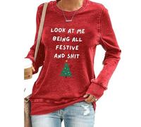 Look At Me Being All Festive Shirt Women Christmas Tree Graphic Sweatshirt Long Sleeve Crewneck Christmas Pullover(A), Red, XL