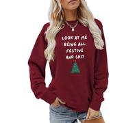 Look At Me Being All Festive Shirt Women Christmas Tree Graphic Sweatshirt Long Sleeve Crewneck Christmas Pullover(A), Wine Red-2, XL