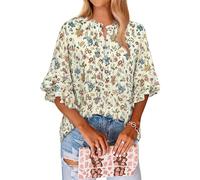 LOOKBOHO Women's 3/4 Sleeve Tops Dressy Casual V Neck Ruffle Sleeve Chiffon Blouses Shirts, Khaki & Floral, M