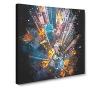 Looking Down on Hong Kong Paint Splash Modern Canvas Wall Art Print Ready to Hang, Framed Picture for Living Room Bedroom Home Office Décor, 14x14 Inch (35x35 cm)