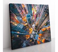 Looking Down on Hong Kong Painting Modern Canvas Wall Art Print Ready to Hang, Framed Picture for Living Room Bedroom Home Office Décor, 35x35 cm (14x14 Inch)