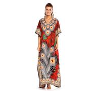 Looking Glam New Ladies Plus Size Maxi Exoxit Peacock Print Tunic Kaftan Dress, Red, 24-28