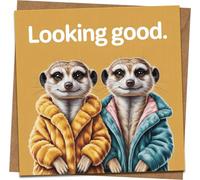 Looking Good Meerkat Greeting Card, 145mm x 145mm Square, Funny Animal Design, Cute Meerkats in Coats, Kraft Envelope Included, Birthday Congratulations Any Occasion