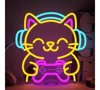Looklight Gaming Cat Neon Light Sign, Neon Signs for Wall Decor, Gamer LED Sign Dimmable, Light up Signs with USB for Game Lovers Playroom Bedroom Living Room Club Party Gifts