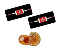 Lookool Set of 2 Valvet Rakhi for Beloved Brother - Kundan Meena Traditional rakhi Set for Elder - Younger Brother with Roli Chawal and Chopra, Free Size, Stone, Pearl