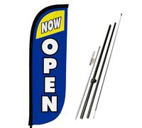 LookOurWay Feather Flag Pole Kit - 5 Feet Tall Advertising Flag Banner with Fiberglass Pole Set and Ground Spike for Business Promotion - Open Flags - Now Open Blue & Yellow