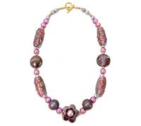 LookWell ACCESSORIES: Handmade Red Flower Statement Necklace for Women - Pink, Grey & Ruby Beaded Chunky Boho Jewellery - Unique Artisan Christmas & Gift Necklace for her.