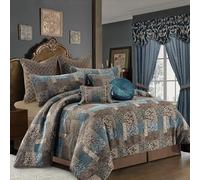 Loom and Mill 9-Piece Jacquard Comforter Set, Vintage Traditional Patchwork Comforter Queen Sets, Ultra Soft Bedding with Euro Shams, Bedskirt, Filled Decorative Pillow for Home Bedroom (Blue, Queen)