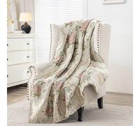 Loom and Mill Jacquard Floral Throw Blankets for Bed, French-Style Damask Throws with Fringes Trim, Soft Lightweight Velvet Lined Throw Blanket for Sofa Couch Chair All Seasons(Pearly Beige,52”x72”)