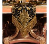 Loom and Mill Luxury Chenille Table Runner 90 Inches Long, Black Damask Jacquard Table Runners with Multi-Tassels for Halloween Dining Room Dresser Party Holiday Banquet Decorations(Black,13*90 inch)