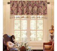 Loom and Mill Luxury Damask Valances for Windows, Burgundy Red Jacquard Floral Window Curtain Valance with Handmade Multi- Tassels, Rod Pocket Blackout Short Curtain 1 Panel, 54” x 18”, Burgundy Red