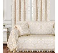 Loom and Mill Luxury Elegant Sofa Covers, European Damask Floral Couch Cover Sofa Throw Cover with Tassels for 2-3 Cushion Couch, Sectional Couch Covers Sofa Slipcover for Dogs, Beige Gold, 71" X 118"