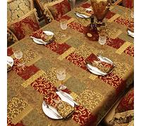 Loom and Mill Luxury Fabric Tablecloth 60 x 104 Inch, Christmas Jacquard Patchwork Table Covers with Tassels for Dining Kitchen Tabletop Party Banquet Holiday(Red Gold, 60x104 in)