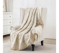 Loom and Mill Luxury Jacquard Throw Blankets for Bed, European-Style Damask Throws with Fringes Trim, Soft Lightweight Velvet Lined Throw Blanket for Sofa Couch Chair All Seasons(Beige Gold,52”x72”)