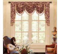 Loom and Mill Luxury Jacquard Waterfall Valance for Living Room, Classic Floral Damask Swag Valances with Tassels, Burgundy Red Swag Curtains for Bedroom Window Christmas Decoration(W79Inch,1 Panel)