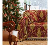 Loom and Mill Luxury Sofa Covers, Classic Damask Jacquard Thick Chenille Couch Cover Furniture Protector with Lace Edge and Handmade Tassels for Pet, Dogs and Cats (Red, 71x118 inch)