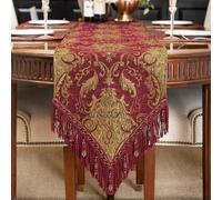 Loom and Mill Luxury Vintage Chenille Table Runner 90 Inches Long, Red Damask Jacquard Table Runners with Multi-Tassels for Dining Room Dresser Party Banquet Christmas Decorations(Red,13x90inch)