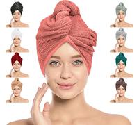 LOOM KNIT Hair Towel Wrap Lightweight Turban, Instant Drying 100% Cotton Hair Cap Super Quick Absorbent Anti-Frizz Twist Toweling Dry Hat with Button and Loop for Long Curly Hairs, 64 x 24CM, Peach