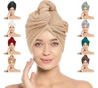 LOOM KNIT Hair Towel Wrap Lightweight Turban, Instant Drying 100% Cotton Hair Cap Super Quick Absorbent Anti-Frizz Twist Towelling Dry Hat with Button and Loop for Long Curly Hairs, 64 x 24CM