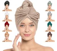 LOOM KNIT Hair Towel Wrap Lightweight Turban, Instant Drying 100 Percent Cotton Cap Super Quick Absorbent Anti-Frizz Twist Toweling Dry Hat with Button and Loop for Long Curly Hairs, 64 x 24CM, Beige