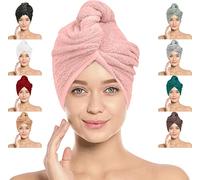 LOOM KNIT Hair Towel Wrap Turban, Instant Drying 100% Cotton Hair Cap Super Quick Absorbent Anti-Frizz Twist Toweling Dry Hat with Button and Loop for Long Curly Hairs, 64 x 24CM, Light Pink
