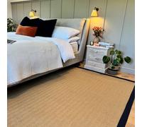 Loomed Beige Natural Jute Herringbone Pattern Non Slip Navy Border Rug 80Cm X 150Cm