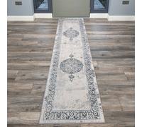 Loomed Blue Grey Traditional Medallion Bordered Living Runner Rug 70X240Cm