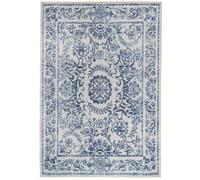 Loomed Blue White Floral Bordered Washable Non Slip Rug 60X110Cm