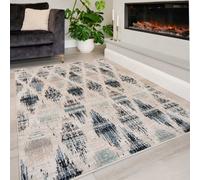 Loomed Navy Blue Beige Distressed Diamond Trellis Soft Living Area Rug 80X150Cm