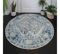 Loomed Navy Blue Grey Bordered Geometric Distressed Round Circlular Rug 120Cm Diameter