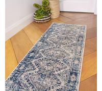 Loomed Navy Blue Grey Bordered Geometric Distressed Runner Rug 60X240Cm