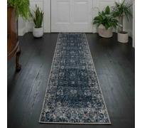 Loomed Navy Blue Grey Distressed Floral Medallion Bordered Runner Rug 60X240Cm