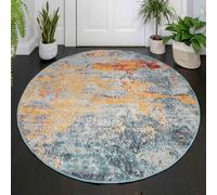 Loomed Navy Blue Ochre Multicolour Distressed Abstract Round Circlular Rug 160Cm Diameter