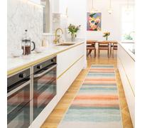 Loomed Striped Abstract Cotton Chenille Rug Blue Beige Terracotta Machine Washable 80Cm X 300Cm