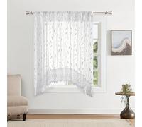 Loomera Lace Trim Voile Curtain Panel - 170x300cm White Sheer with Arched Hem & Gathered Header, 3 Elegant Designs (Pure/Gold/Silver) (White, H170cm*W300cm, Silver Feather)