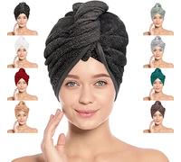LOOMKNIT Hair Towel Wrap Lightweight Turban, Instant Drying 100% Cotton Hair Cap Super Quick Absorbent Anti-Frizz Twist Toweling Dry Hat with Button and Loop for Long Curly Hairs, 61 x 24CM
