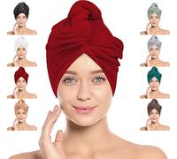 LOOMKNIT Hair Towel Wrap Lightweight Turban, Instant Drying 100% Cotton Hair Cap Super Quick Absorbent Anti-Frizz Twist Toweling Dry Hat with Button and Loop for Long Curly Hairs, 61 x 24CM