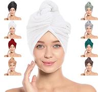 LOOMKNIT Hair Towel Wrap Lightweight Turban, Instant Drying 100% Cotton Hair Cap Super Quick Absorbent Anti-Frizz Twist Toweling Dry Hat with Button and Loop for Long Curly Hairs, 61 x 24CM