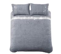 LOOMS & LEAVES NEW DIAMANTE SUPER SOFT COZY TEDDY SHERPA FLEECE DUVET BEDDING SET (GREY, DOUBLE)